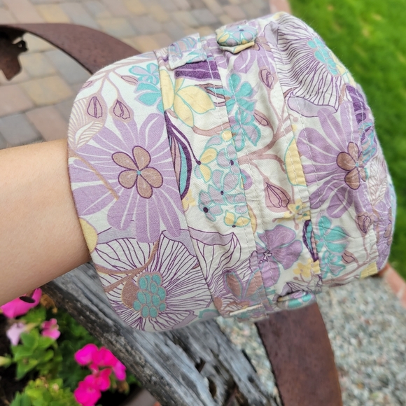Purple Floral Hat 100% Cotton Elastic Back Purple Yellow Teal Cream Cadet Style - Picture 3 of 12